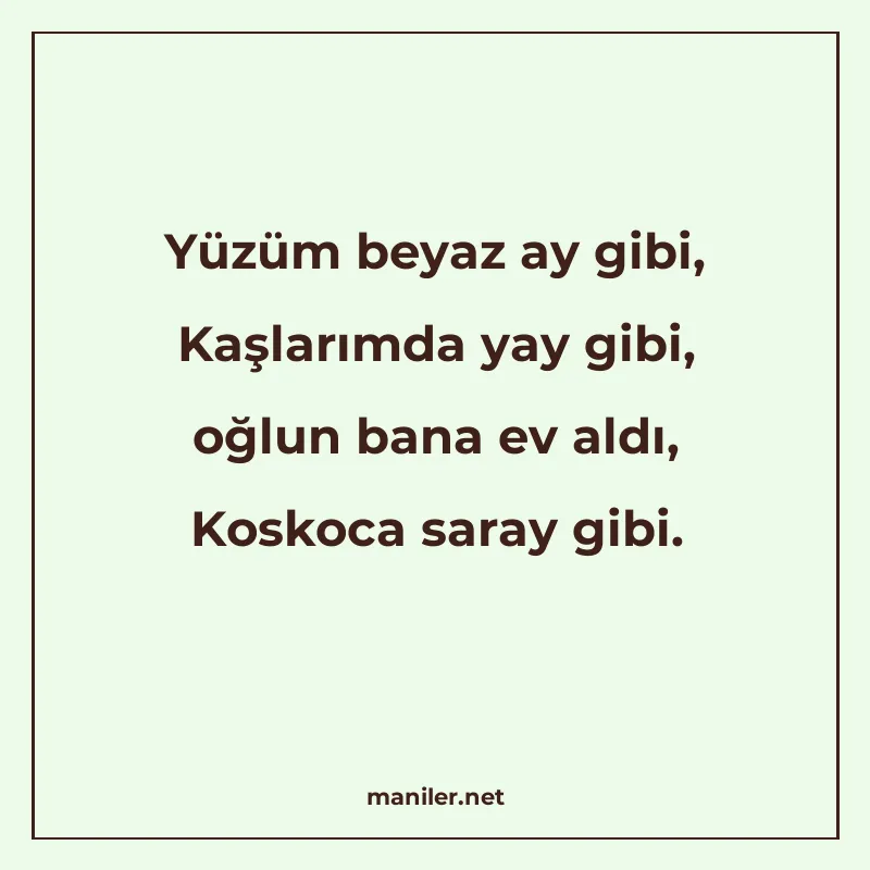 Yüzüm beyaz ay gibi, Kaşlarımda yay gibi, oğlun bana ev aldı manisi görseli