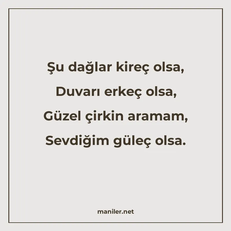 Şu dağlar kireç olsa, Duvarı erkeç olsa, Güzel çirkin aramam manisi görseli