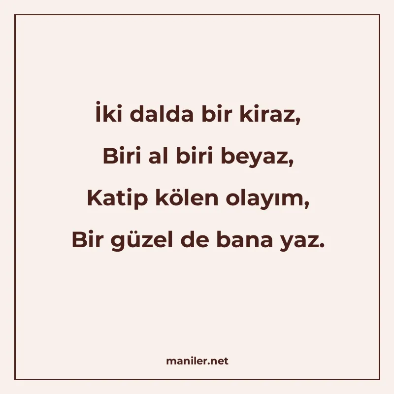 İki dalda bir kiraz, Biri al biri beyaz, Katip kölen olayım manisi görseli