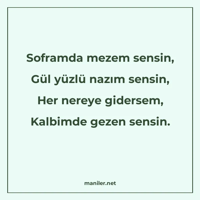 Soframda mezem sensin, Gül yüzlü nazım sensin, Her nereye gi manisi görseli