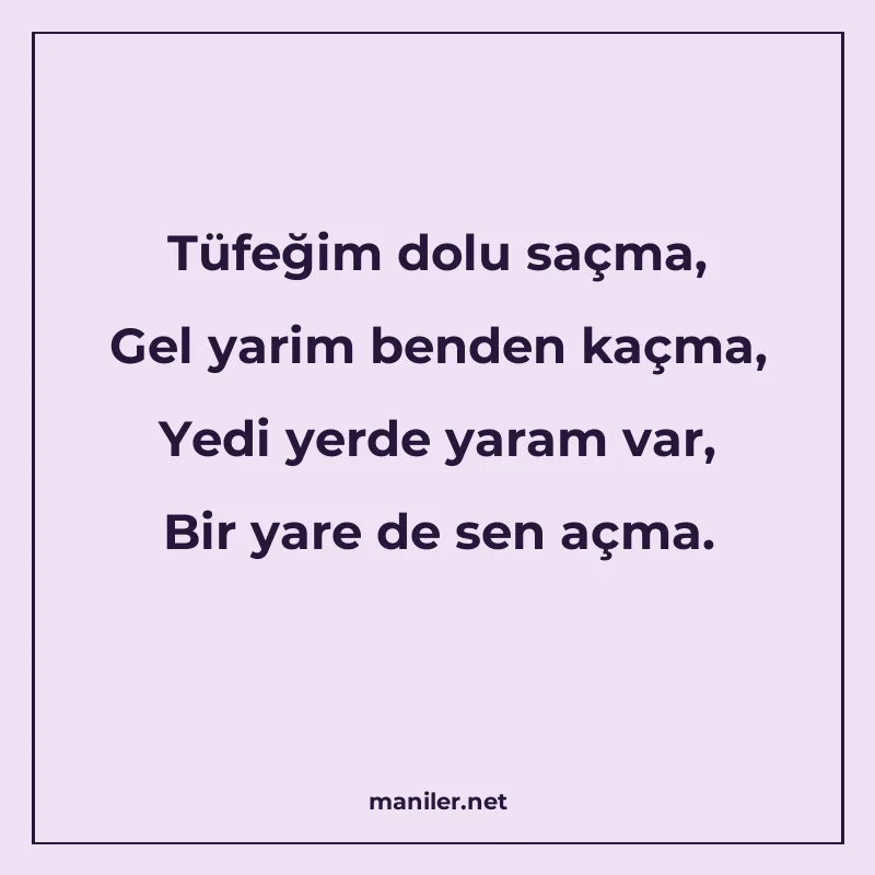 Tüfeğim dolu saçma, Gel yarim benden kaçma, Yedi yerde yaram manisi görseli