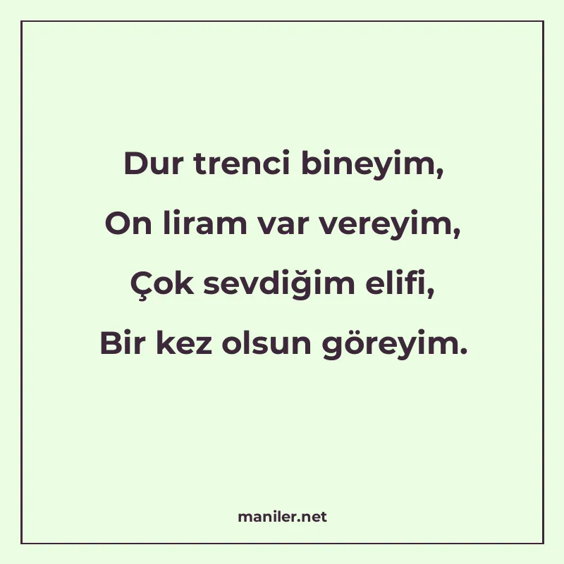 Dur trenci bineyim, On liram var vereyim, Çok sevdiğim elifi manisi görseli