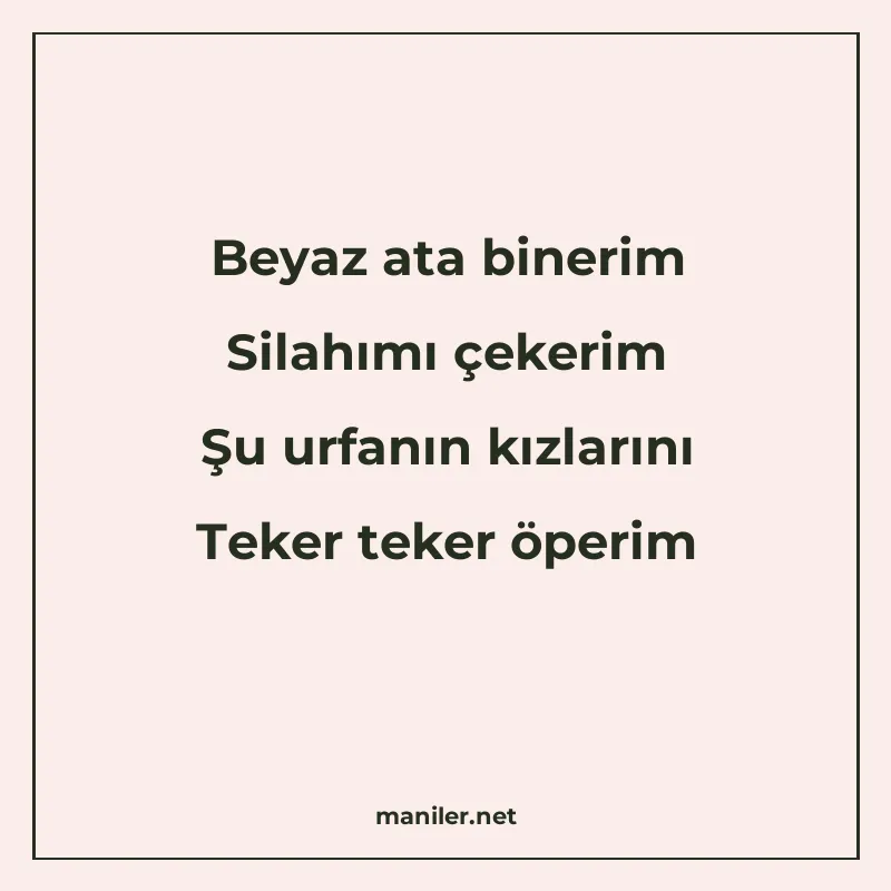 Beyaz ata binerim Silahımı çekerim Şu urfanın kızlarını Teke manisi görseli