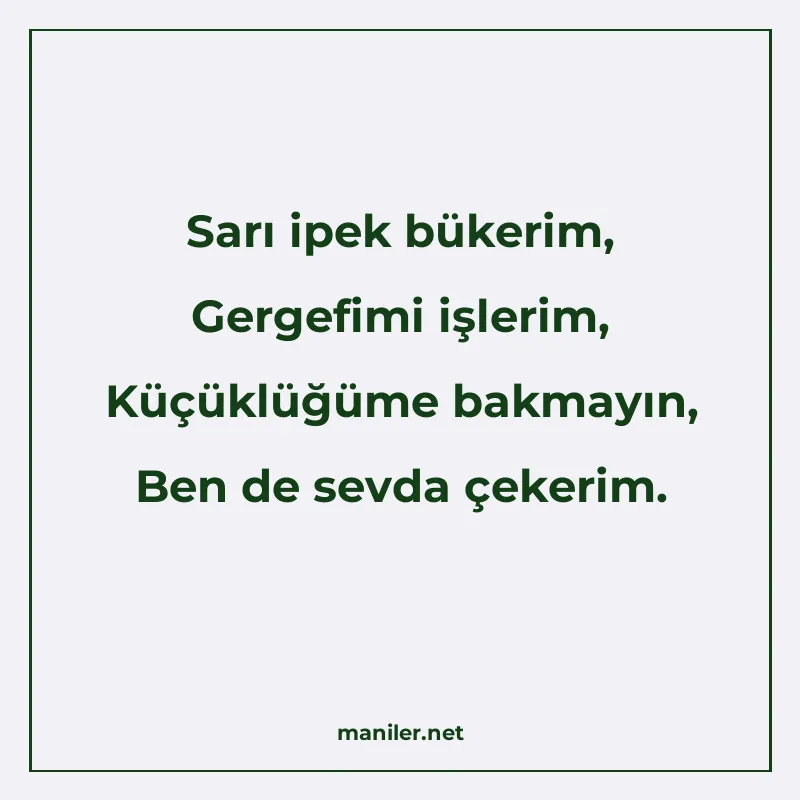 Sarı ipek bükerim, Gergefimi işlerim, Küçüklüğüme bakmayın manisi görseli