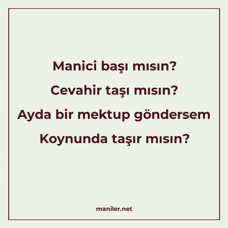 Manici başı mısın? Cevahir taşı mısın? Ayda bir mektup gönde manisi görseli