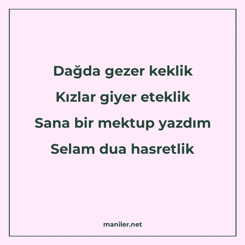Dağda gezer keklik Kızlar giyer eteklik Sana bir mektup yazd manisi görseli