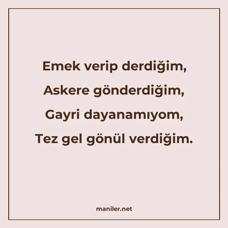 Emek verip derdiğim, Askere gönderdiğim, Gayri dayanamıyom manisi görseli