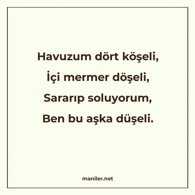 Havuzum dört köşeli, İçi mermer döşeli, Sararıp soluyorum, B manisi görseli