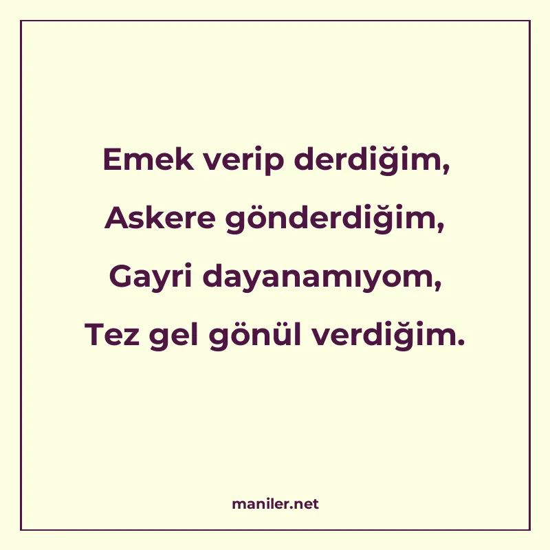 Emek verip derdiğim, Askere gönderdiğim, Gayri dayanamıyom manisi görseli